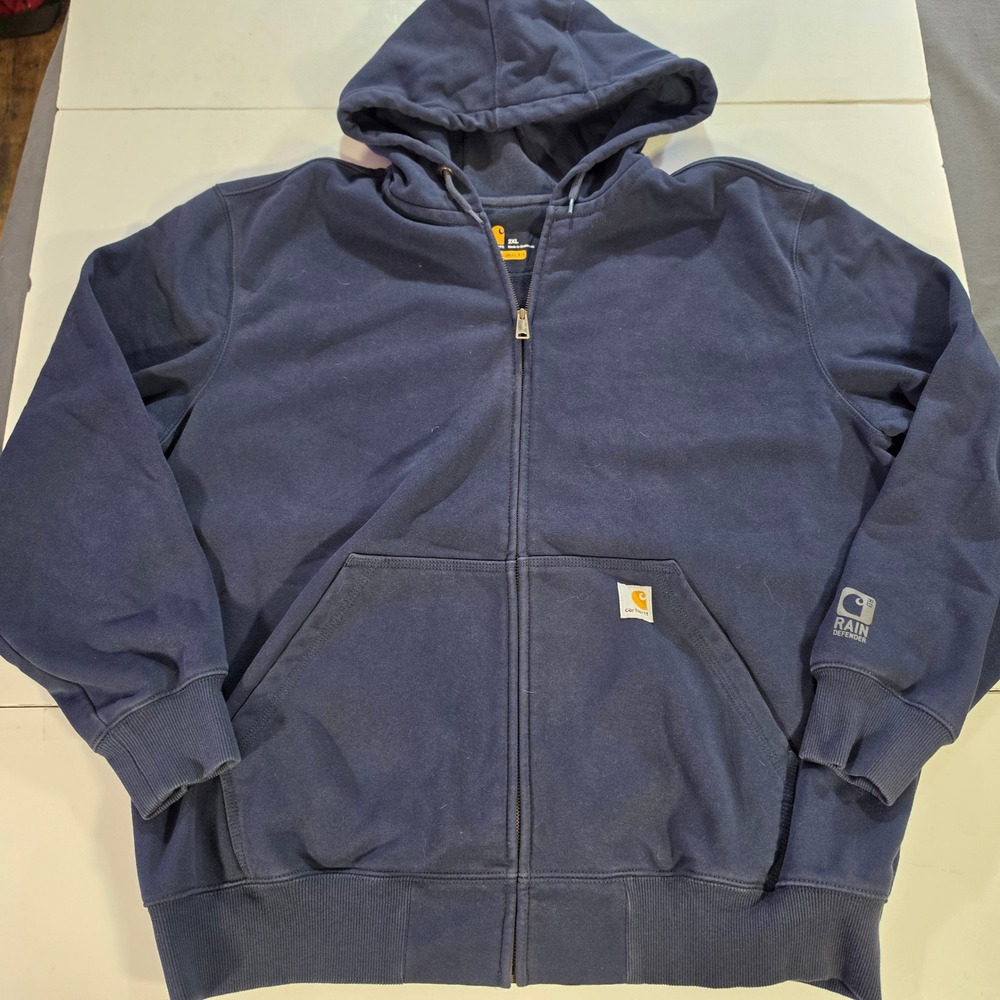 Carhartt Rain Defender Hoodie Mens 2XL Navy Blue Full Zip Sweatshirt 100614